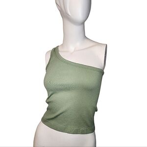 One-Shoulder Athleisure Ribbed Tank Top in Green Size M
